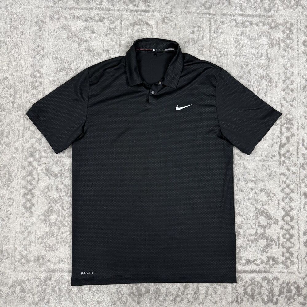 Nike Tiger Woods Mens Polo Shirt Black Dri-FIT Golf Collection Size Medium